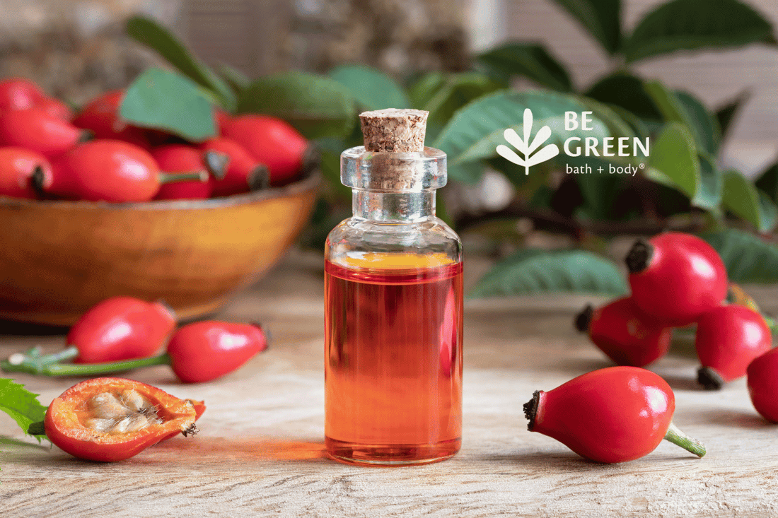 Bottle of rosehip oil and rosehips