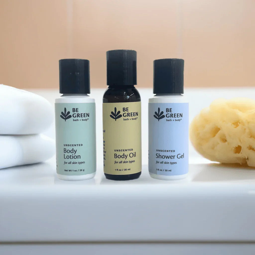 Trial and travel size body lotion, body oil, shower gel