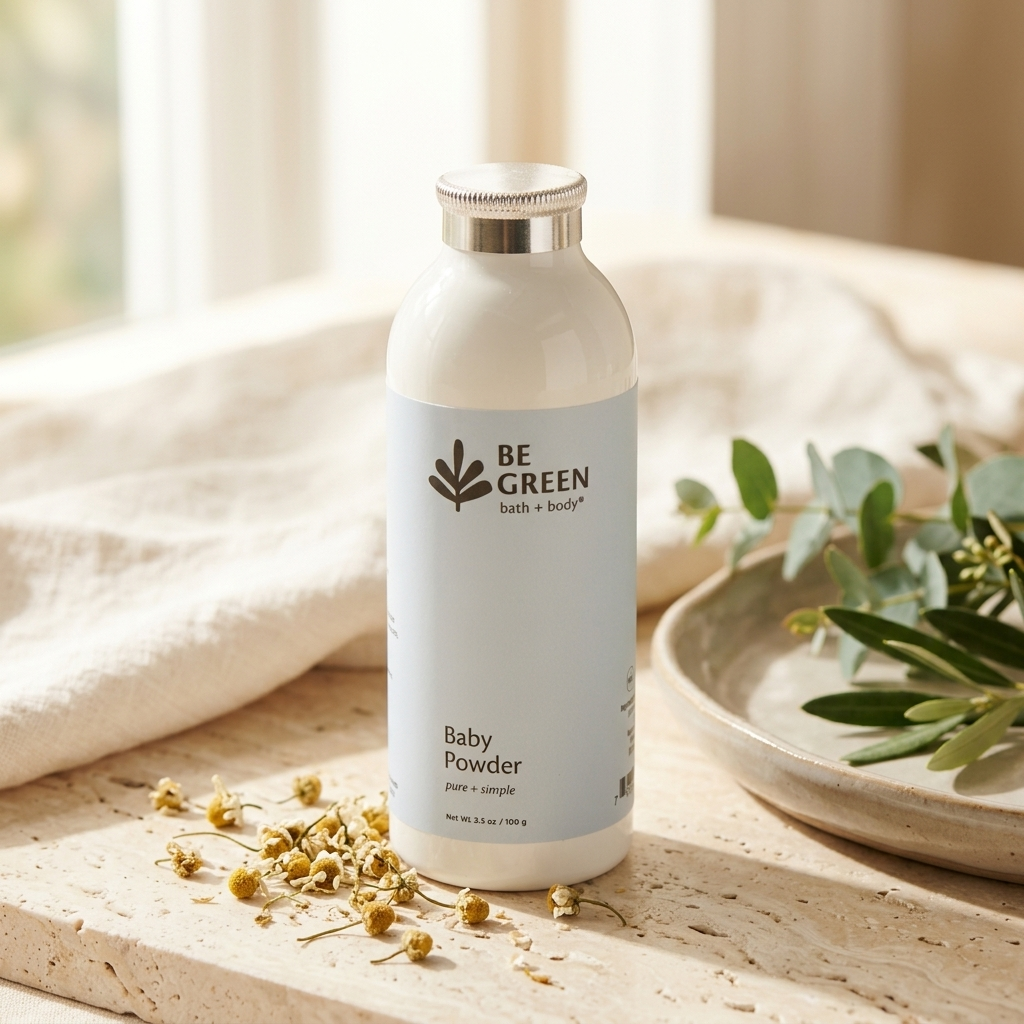 A bottle of BE GREEN Baby Powder sits on a light stone surface next to dried chamomile flowers and green leaves, with a soft beige towel and window in the background.