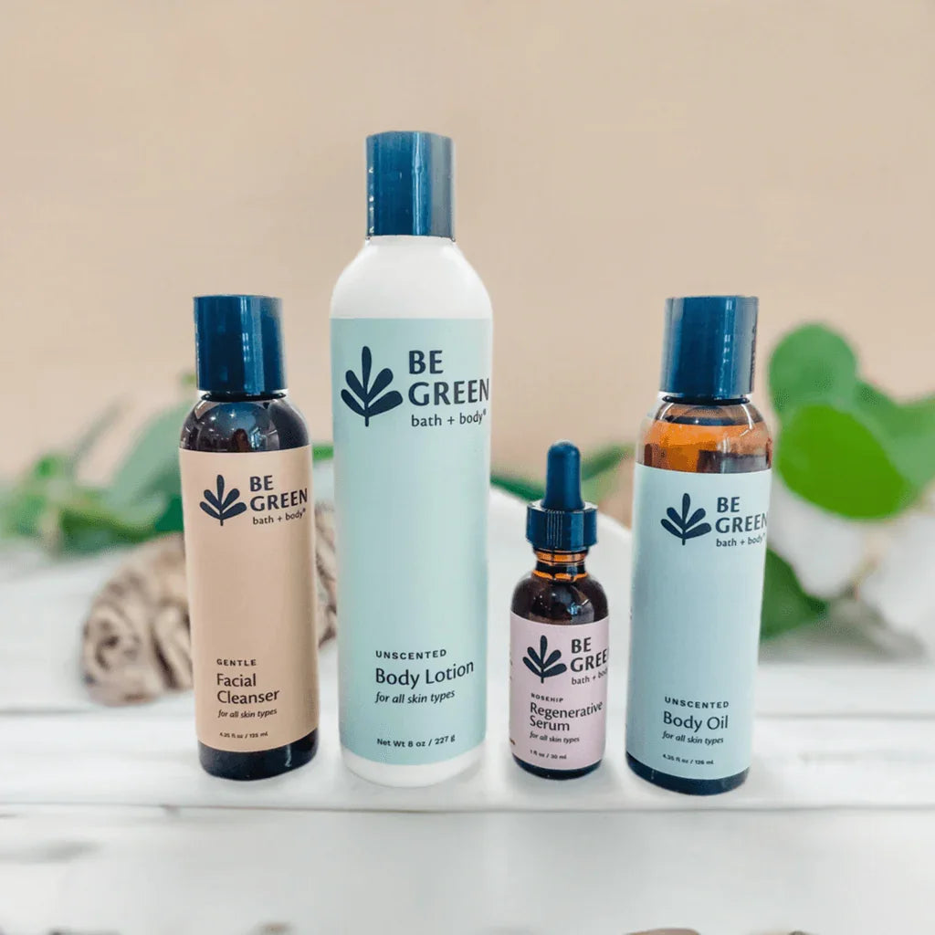 Gift set with Gentle Facial Cleanser, Unscented Body Lotion, Rosehip Serum and Unscented Body Oil