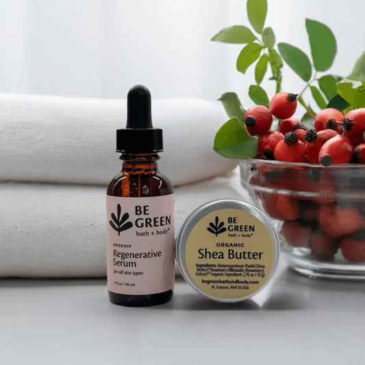 EWG Verified eco-friendly discounted gift set:  Rosehip Serum and Shea Butter Tin