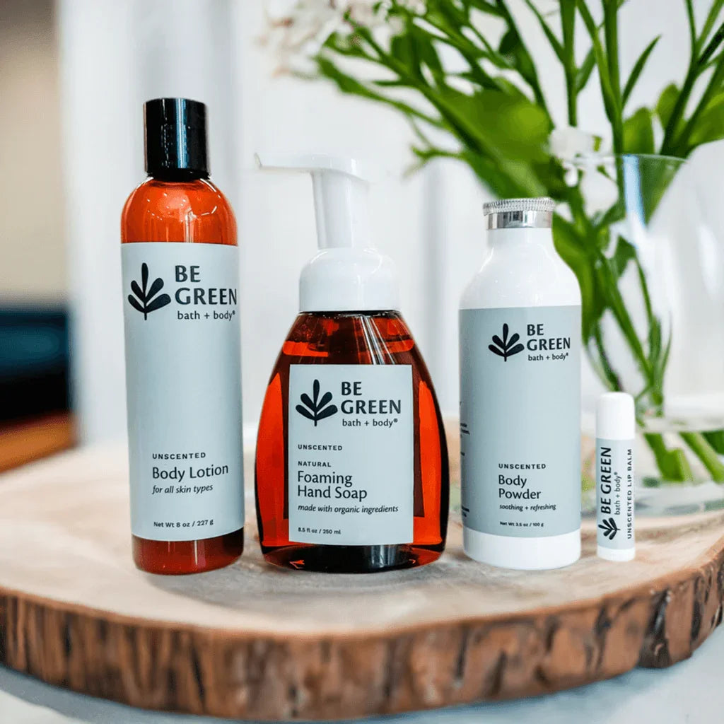 EWG Verified fragrance free skincare gift- unscented body lotion, hand soap, body powder, unscented lip balm