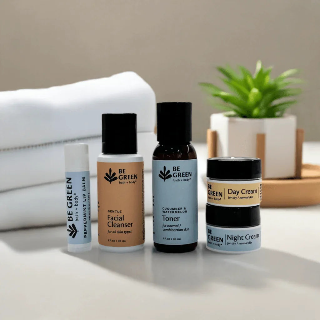 Non-toxic travel and trial size skincare products with lip balm gift set