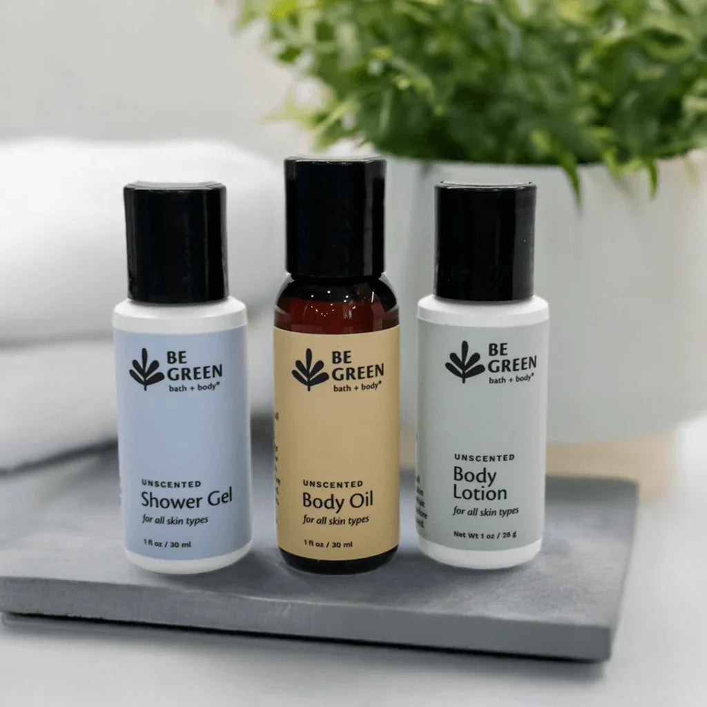 EWG Verified beauty samples.  Trial size shower gel, body oil and body lotion discounted set.