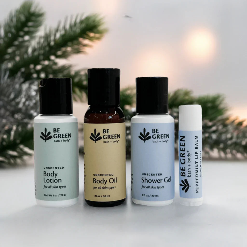 Non-toxic body products in trial sizes.  Includes lotion, body oil, shower gel and lip balm.