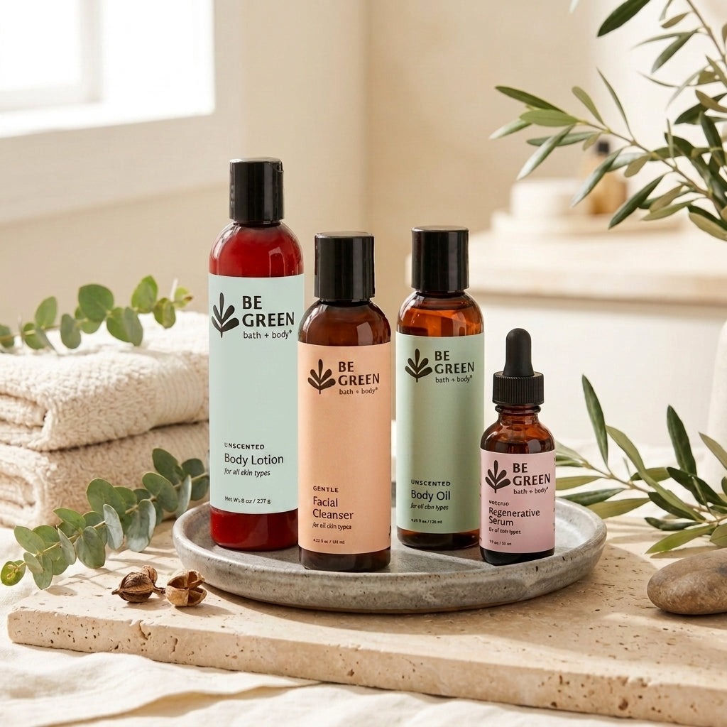 Four BE GREEN body care products arranged on a round tray in a bright bathroom-like setting with folded towels, eucalyptus leaves, and stones. The set includes a red body lotion bottle, a peach facial cleanser bottle, a green body oil bottle, and a pink body wash dropper bottle.