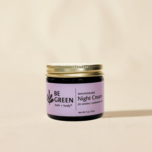 EWG Verified Non toxic night cream for sensitive skin in an eco-friendly amber glass jar with metal lid