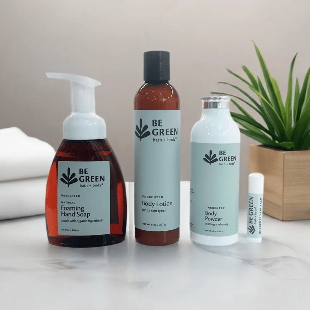 EWG Verified unscented skincare products gift set- hand soap, body lotion, body powder, lip balm