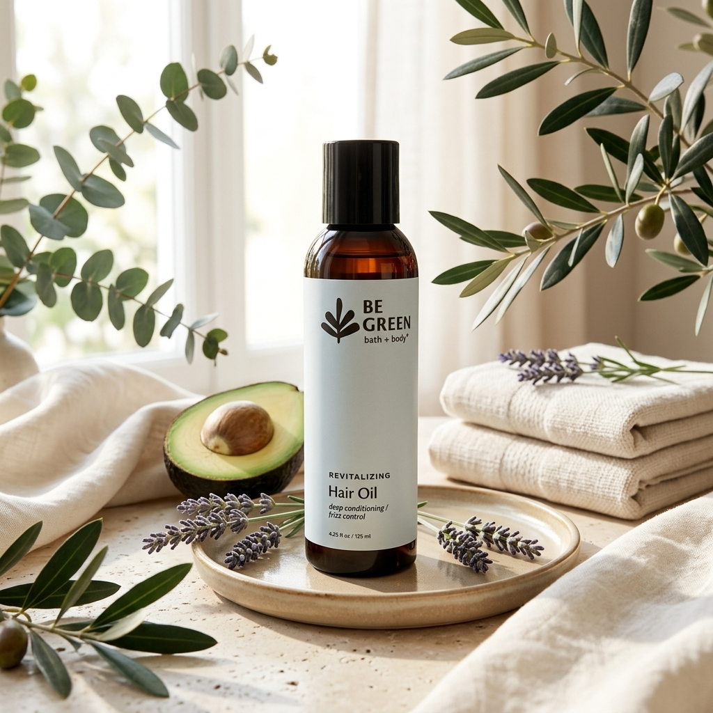 A bottle of BE GREEN Revitalizing Hair Oil stands on a small tray in a styled bathroom-like setting with folded towels, olive branches, lavender sprigs, and an avocado half visible in the background.