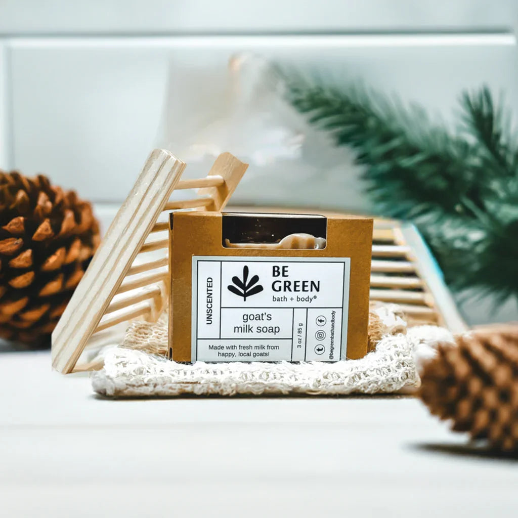 Includes natural goat milk soap, bamboo soap dish and soap bag