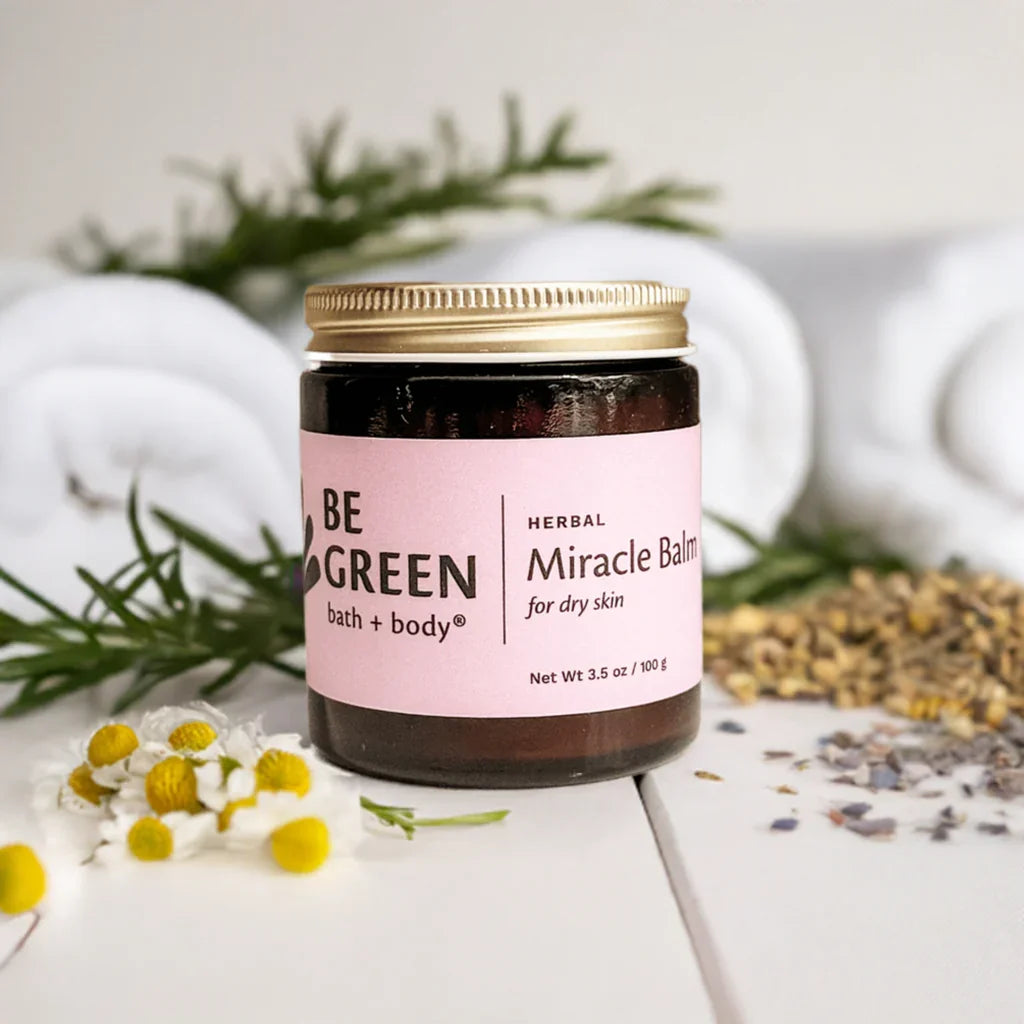 Herbal Miracle Balm for dry skin in a glass jar