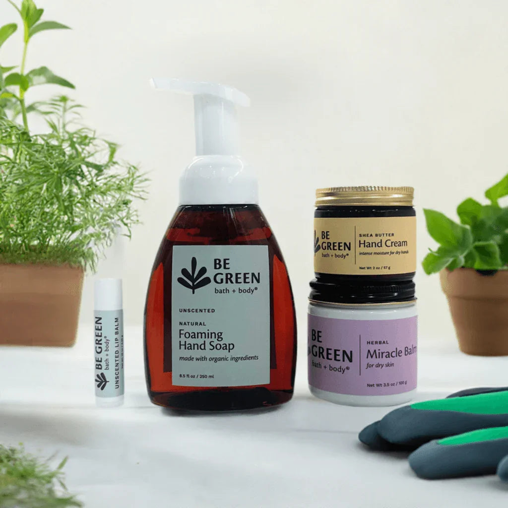 Skincare gift for gardener's with a lip balm, soap, hand cream and balm