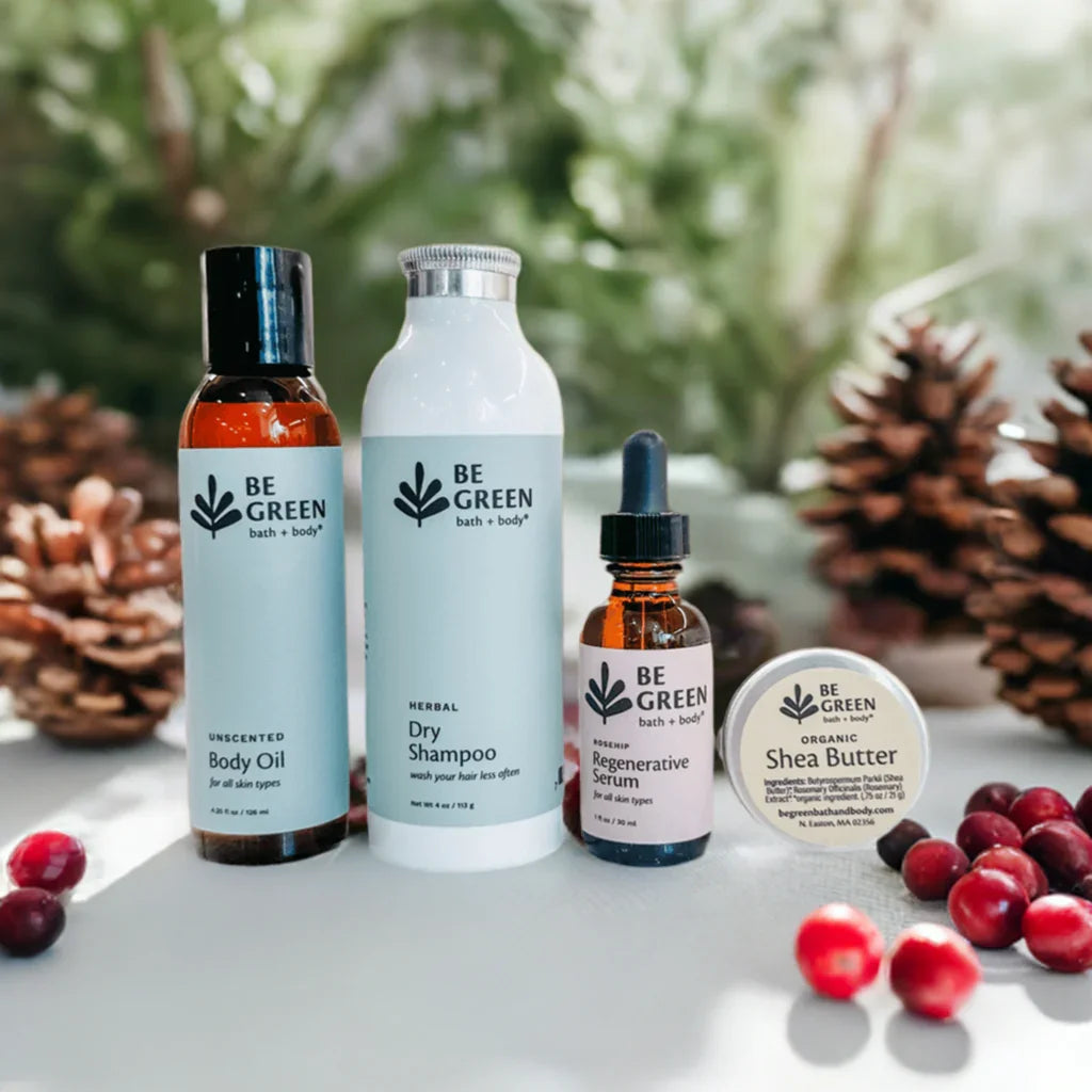 Non-toxic skincare gift for vegans includes body oil, dry shampoo, serum and shea butter.