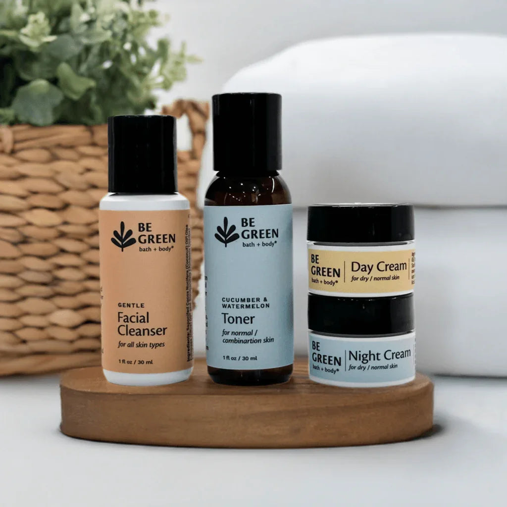 EWG Verified trial size set of skincare products. Non-toxic facial cleanser, toner, day cream and night cream.