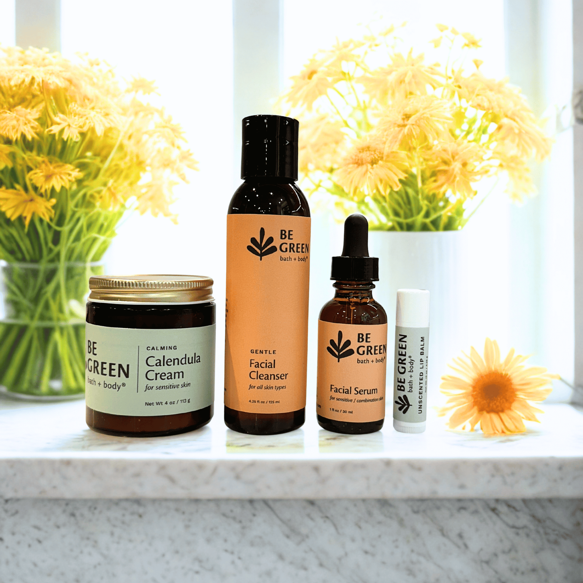 Collection of Be Green skincare products for sensitive skin.