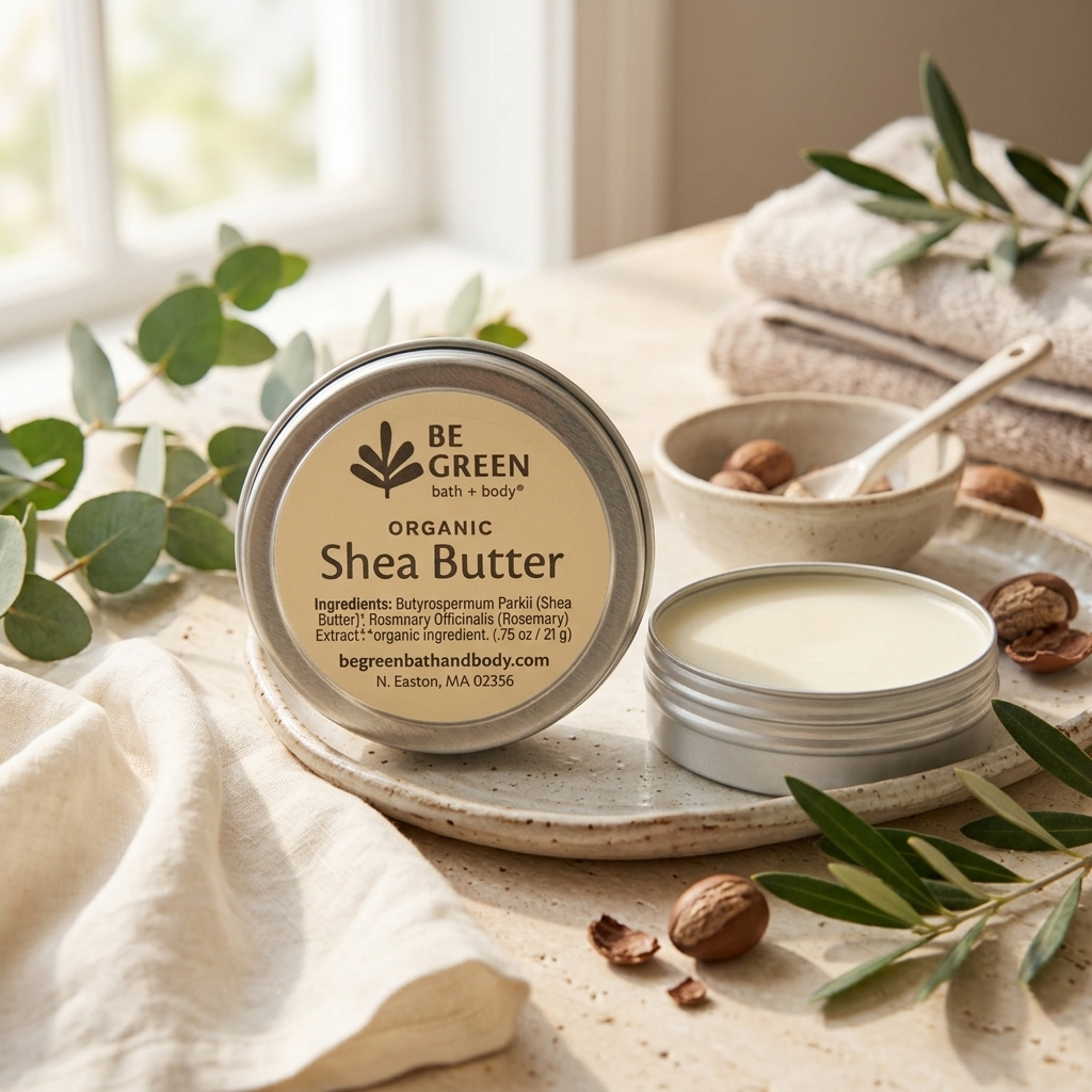 A round tin of BE GREEN Organic Shea Butter sits on a ceramic tray, with the lid placed beside it. The scene is styled with folded beige towels, a small bowl containing shea nuts and a spoon, and green leaves on a light surface near a bright window.