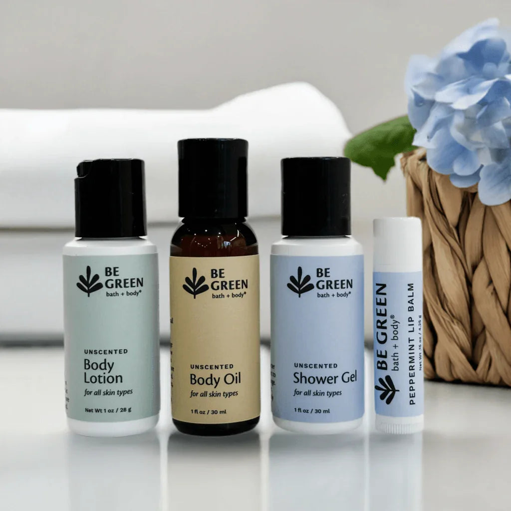EWG Verified travel size beauty gift with unscented body lotion, body oil, body wash and lip balm.