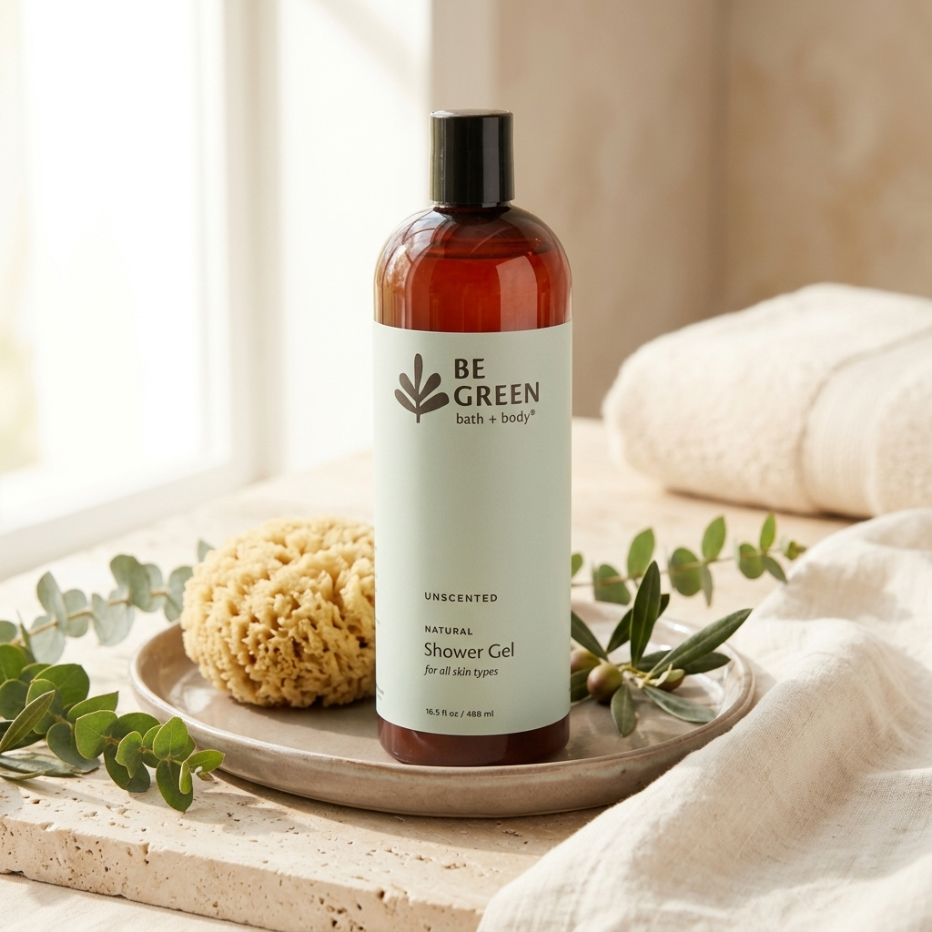 A bottle of BE GREEN bath + body Unscented Natural Shower Gel stands on a tray with a sponge and greenery in a softly lit bathroom setting with a towel in the background.