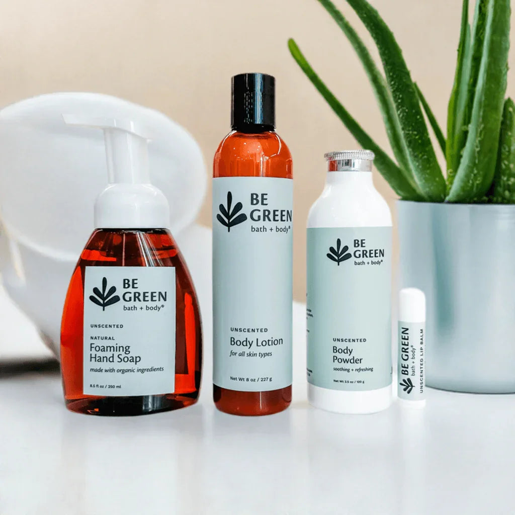 EWG Verified unscented skincare products gift set- hand soap, body lotion, body powder, lip balm
