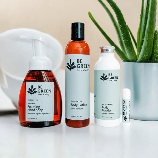 EWG Verified unscented skincare products gift set- hand soap, body lotion, body powder, lip balm