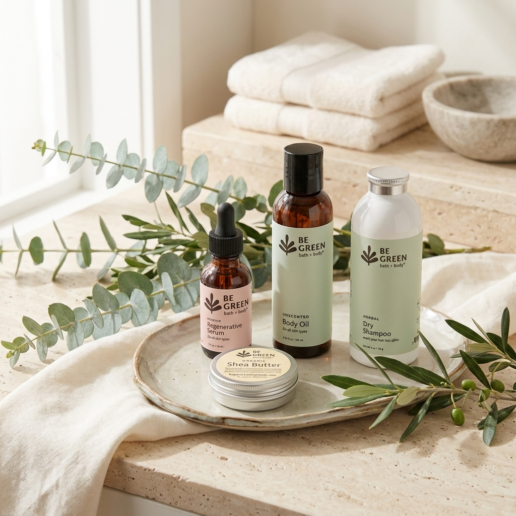 Four BE GREEN skincare and hair care products including a small tin of Shea Butter are arranged on a ceramic tray with eucalyptus branches and folded towels in a bright bathroom-like setting.