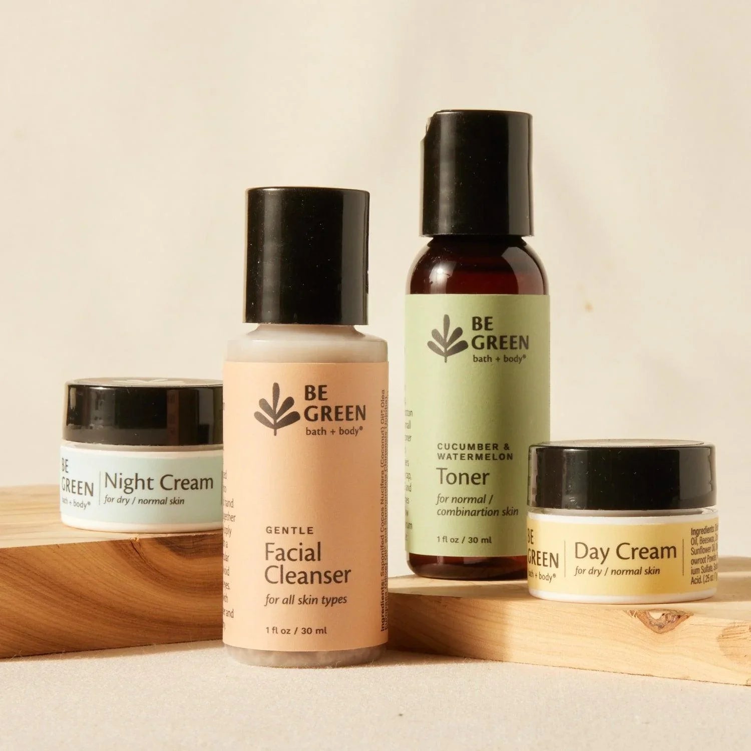 Trial size set of day and night creams for dry and normal skin, cucumber watermelon toner and gentle facial cleanser.