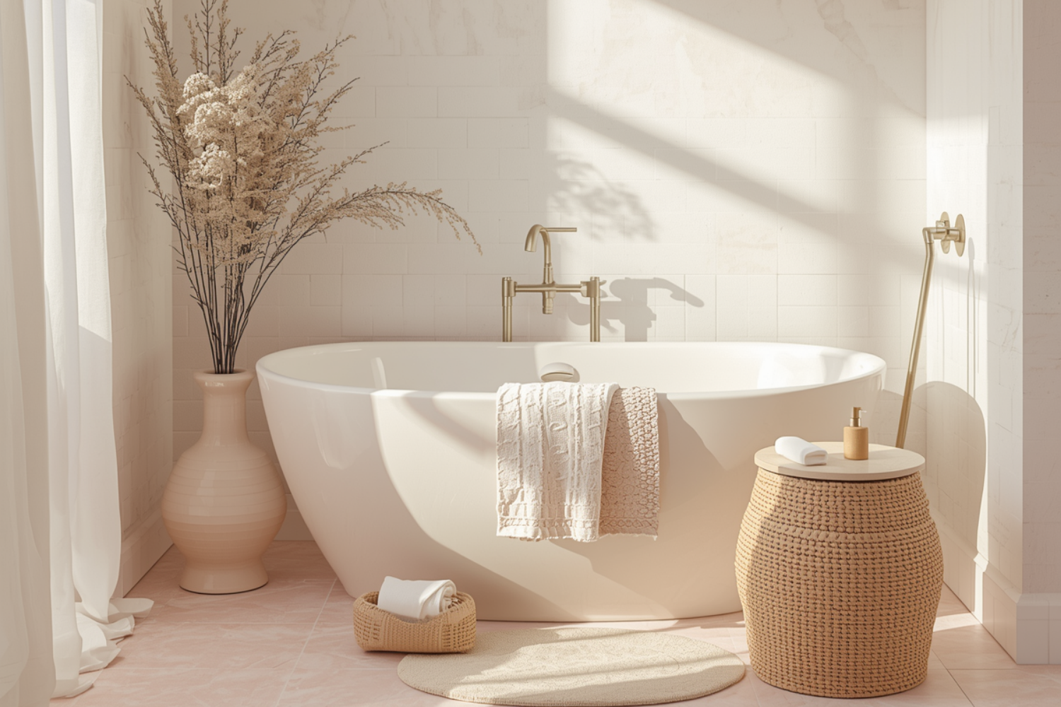 Bathroom with a freestanding bathtub, towel, and decorative items.