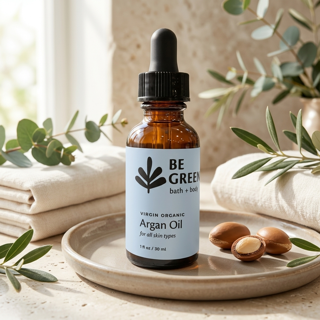 A 1 fl oz amber glass dropper bottle of BE GREEN Virgin Organic Argan Oil, styled on a beige ceramic tray with argan nuts, folded white towels, and green eucalyptus leaves.