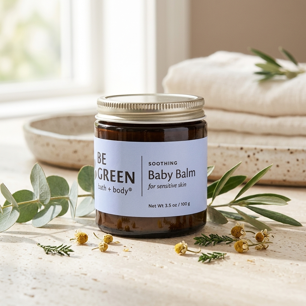 Baby balm jar on a tan stone with chamomile flowers.