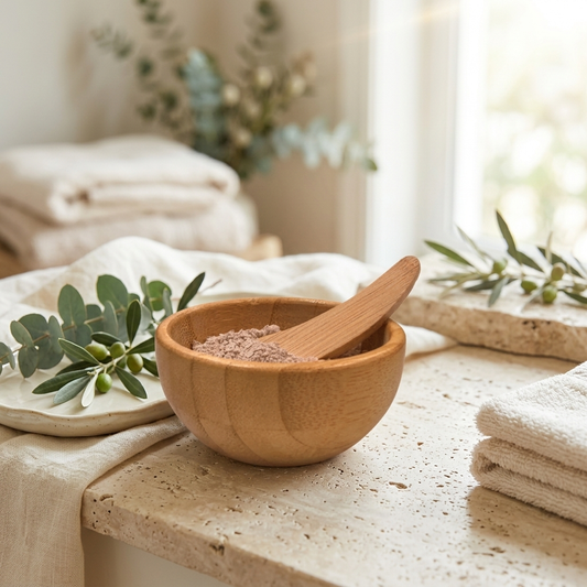 A small round wooden bowl with a matching wooden spoon resting inside, filled with a light brown powder, set on a stone countertop with folded cream towels, greenery, and a softly blurred bathroom-like background.