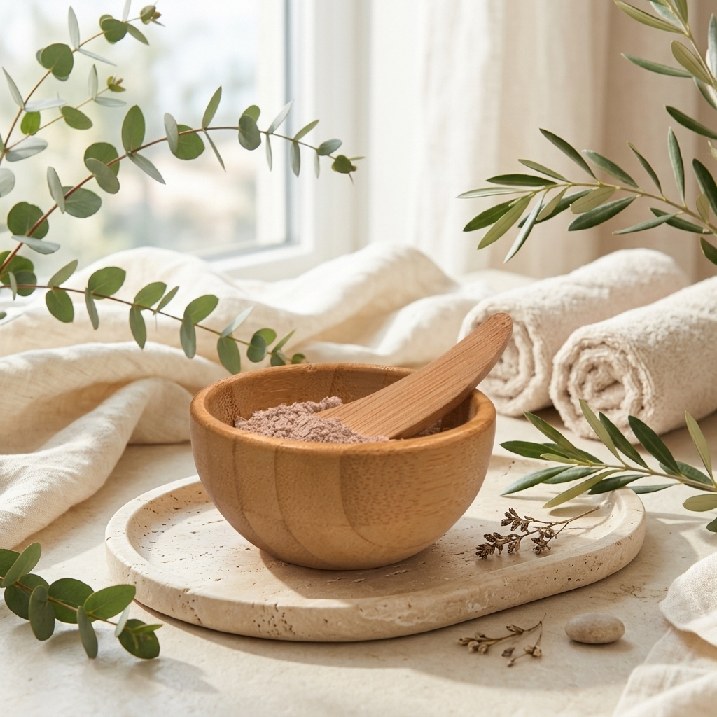 A small round wooden bowl filled with dry cleanser sits on a stone tray, with a wooden spoon inside. Rolled towels and eucalyptus branches are arranged around it in a soft, natural setting near a window.
