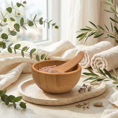 A small round wooden bowl filled with dry cleanser sits on a stone tray, with a wooden spoon inside. Rolled towels and eucalyptus branches are arranged around it in a soft, natural setting near a window.