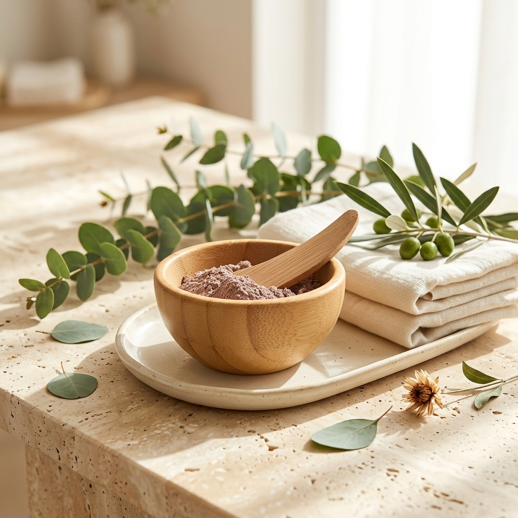 A small round wooden bowl filled with a cleansing powder and a wooden spoon, set on a beige tray beside folded white towels and green eucalyptus and olive branches on a stone surface.
