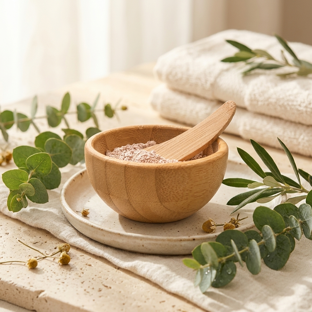 A small round wooden bowl with a wooden spoon, filled with pinkish botanical cleanser, set on a ceramic tray with folded white towels and eucalyptus branches in a softly lit spa-like setting.