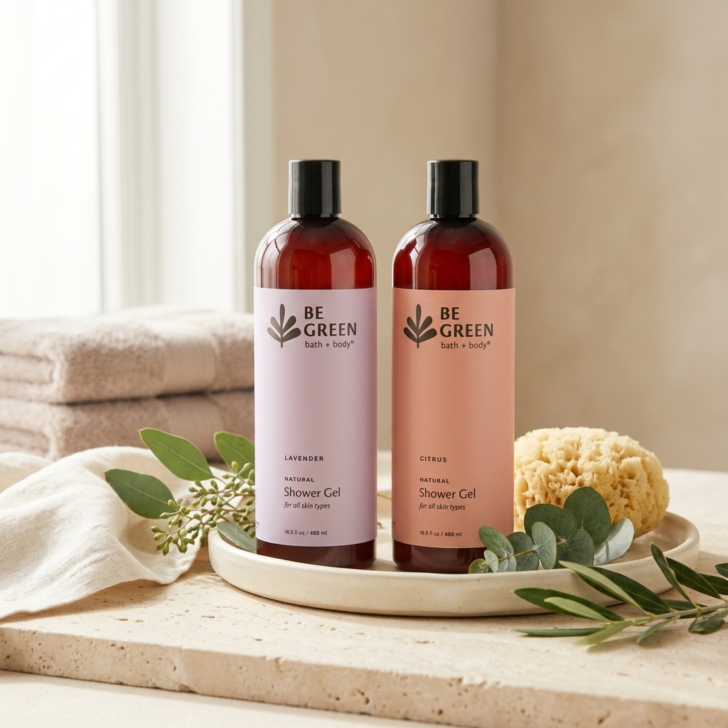 Two BE GREEN shower gel bottles, one lavender and one citrus, displayed on a tray with bath towels, a sponge, and greenery in a bright bathroom setting.