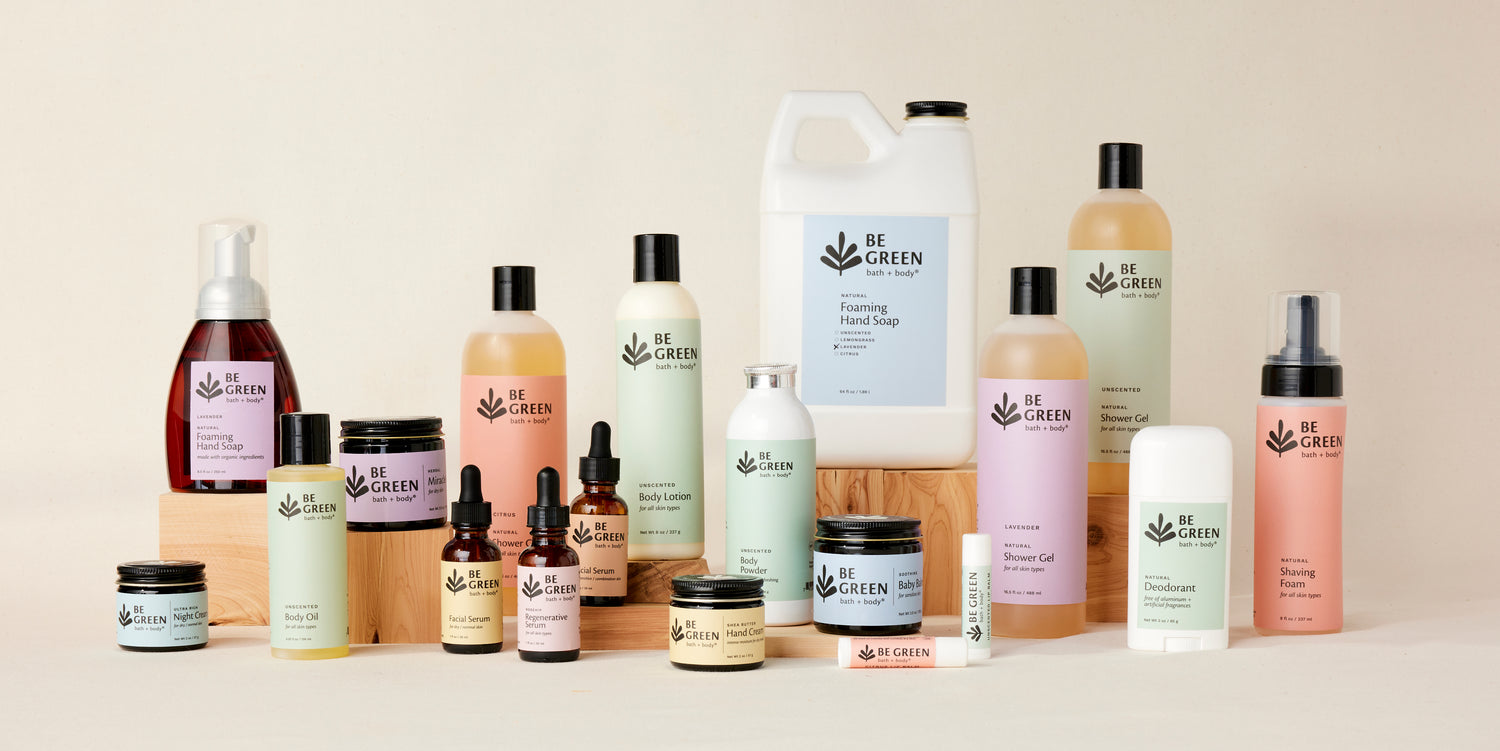 A collection of Be Green Bath + Body Products