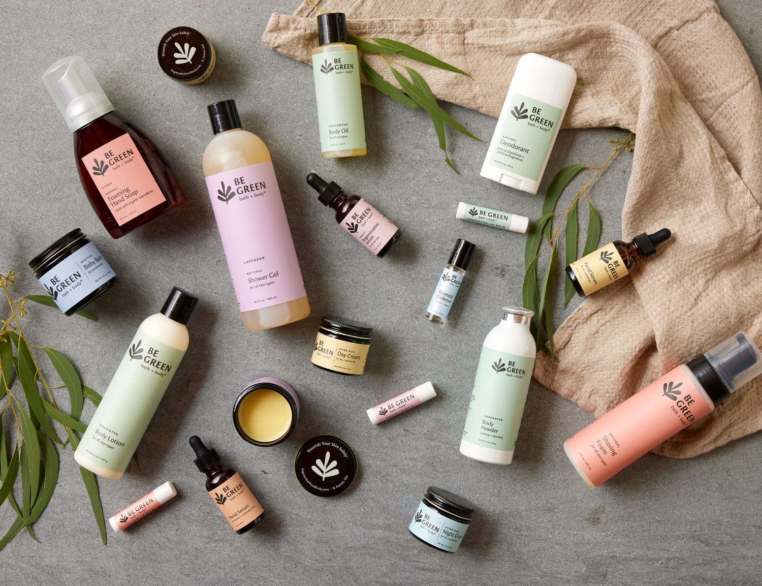 Picture of a collection of Be Green Bath and Body Products.