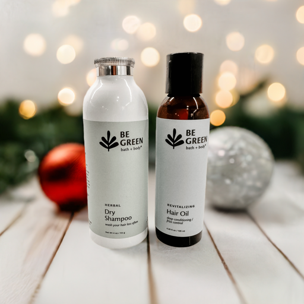 Non-toxic haircare gift with benzene free dry shampoo and revitalizing hair oil