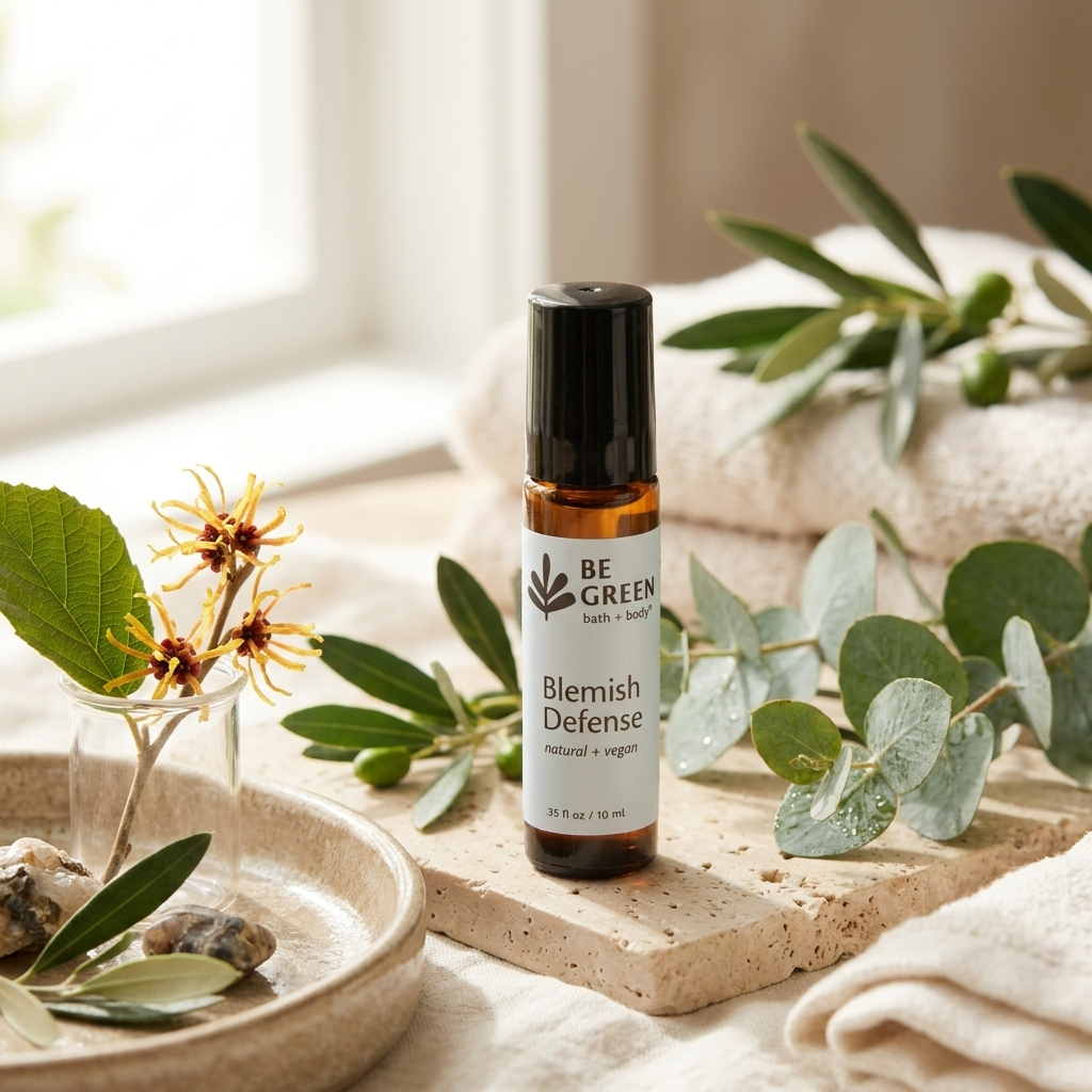 A small amber roller bottle labeled 'BE GREEN  'Blemish Defense' stands on a stone slab in a styled natural setting with leaves, folded cream fabric, and a soft window background.