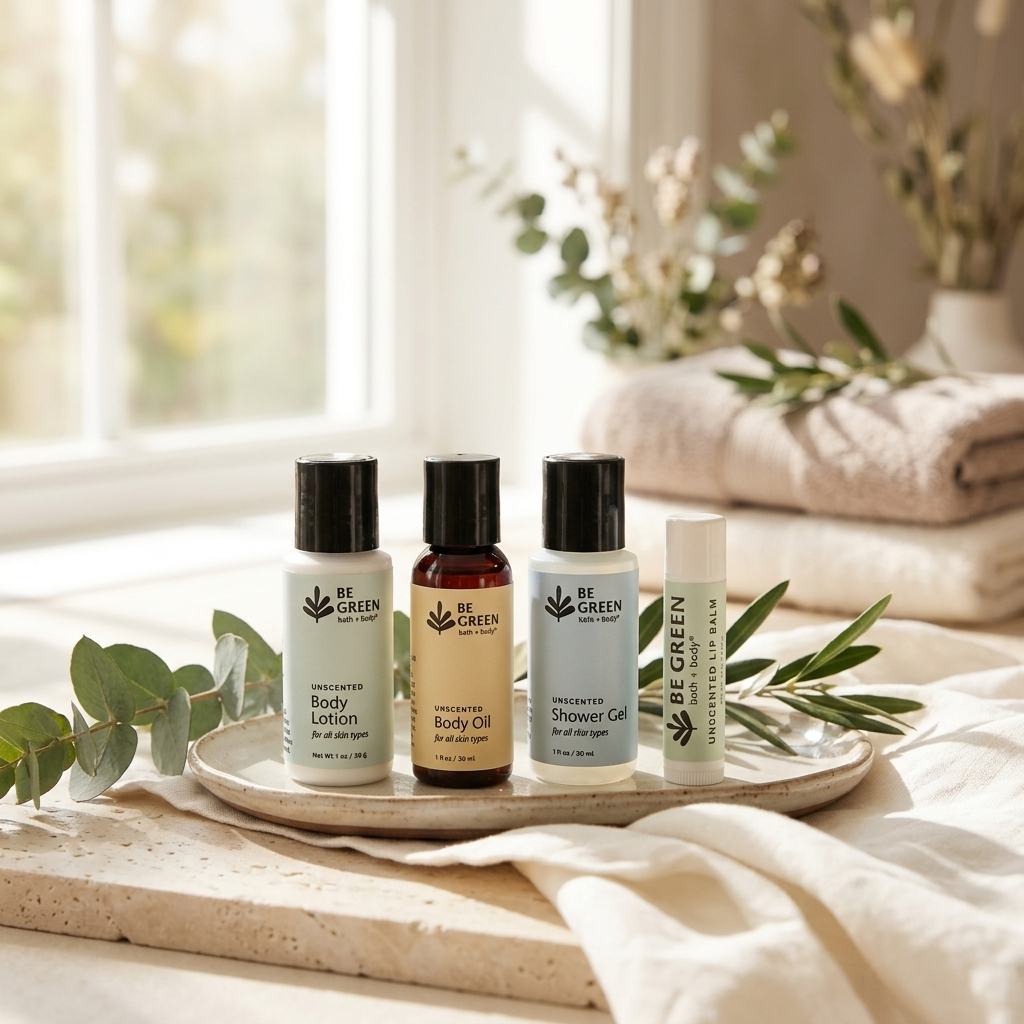 Four BE GREEN skincare products arranged on a ceramic tray with eucalyptus leaves, set on a draped cream fabric near a bright window. The products include body lotion, body oil, shower gel, and lip balm.