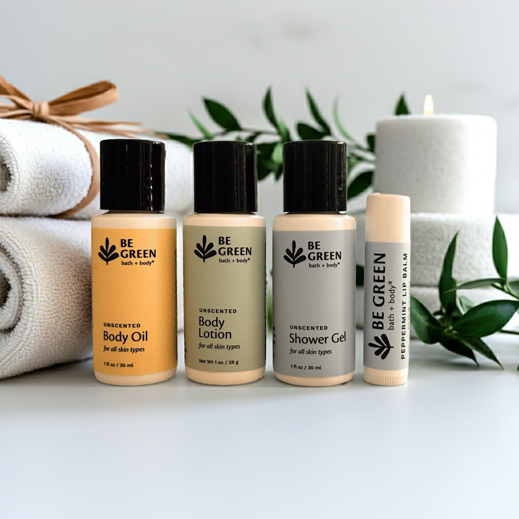 Four body care trial sizes with a lip balm