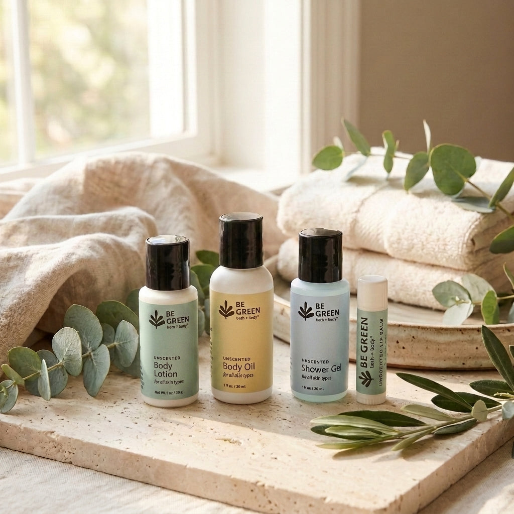 Four BE GREEN self-care products arranged on a stone tray with folded towels, draped fabric, and eucalyptus leaves in a softly lit room.