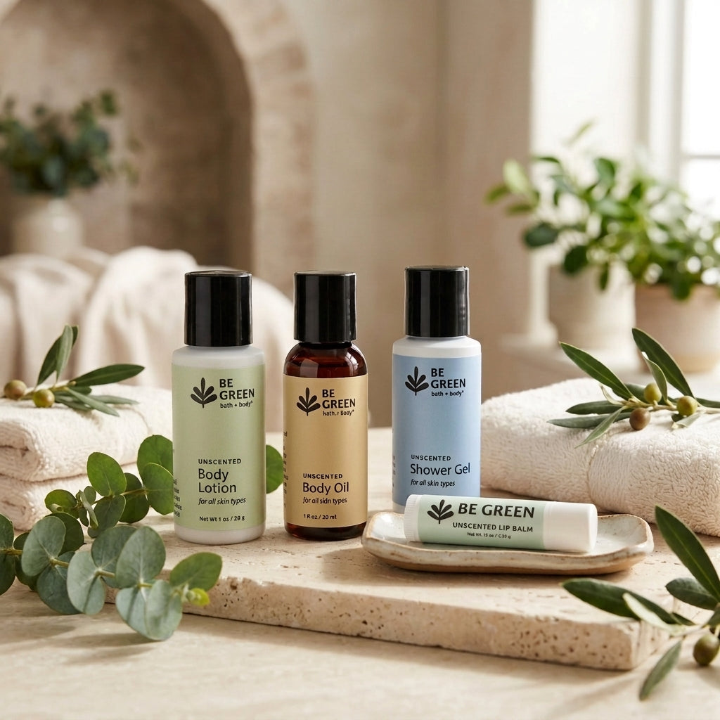 Four BE GREEN self-care travel-sized products arranged on a stone tray with folded towels and greenery in a softly lit bathroom setting. The set includes Unscented Body Lotion, Unscented Body Oil, Unscented Shower Gel, and  Lip Balm.