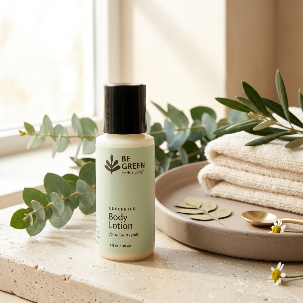 Travel size unscented body lotion on a light tan stone

