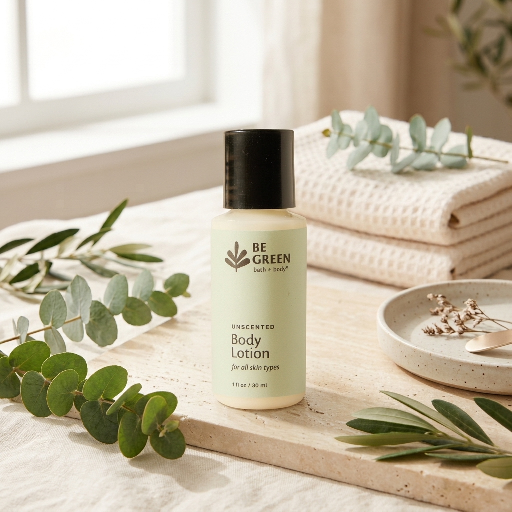 A 1 oz bottle of BE GREEN Unscented Body Lotion stands on a light wood tray surrounded by eucalyptus leaves, with folded cream towels and a small dish in the background near a window.