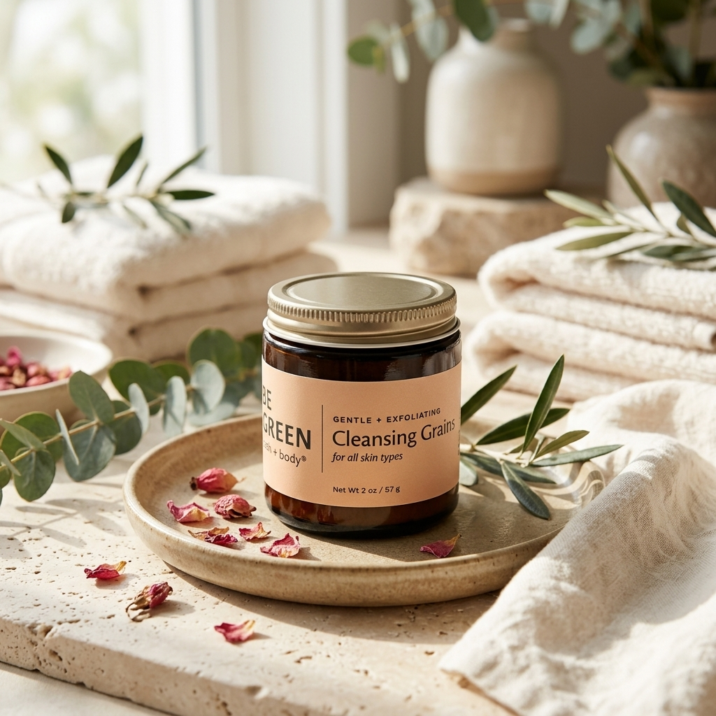 A jar of cleansing grain mask sits on a ceramic tray surrounded by folded white towels, eucalyptus leaves, and dried rose petals in a bright, softly styled bathroom setting.