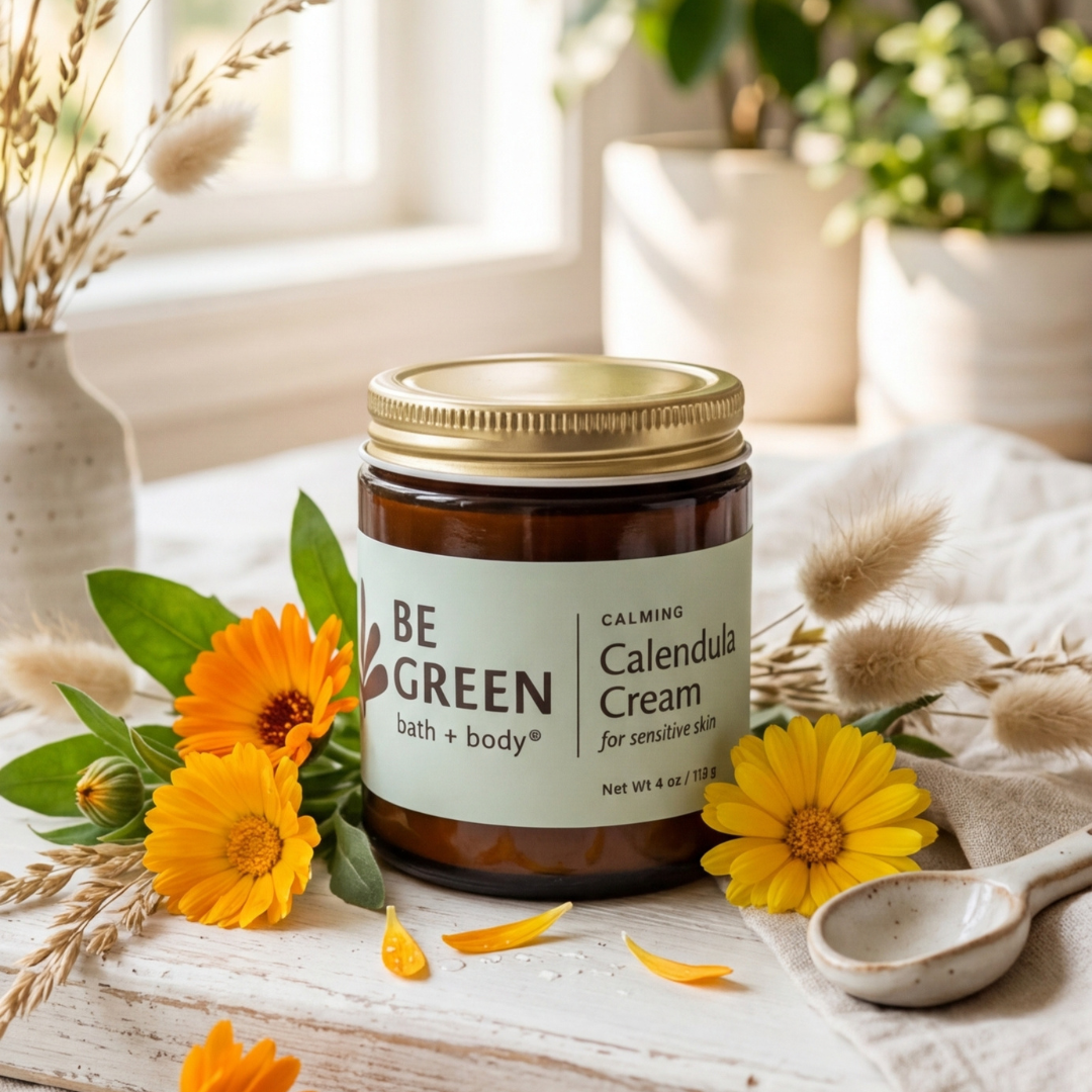 Jar of 'Be Green' Calendula Cream with calendula flowers on a wooden surface
