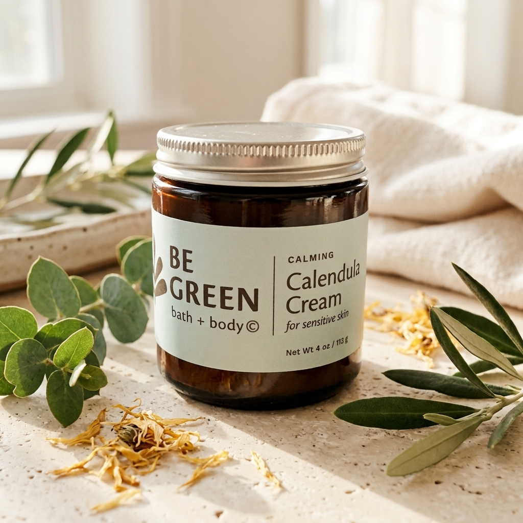 A jar of BE GREEN Calming Calendula Cream sits on a light stone surface surrounded by eucalyptus leaves and dried calendula flowers, with a soft neutral fabric and window in the background.