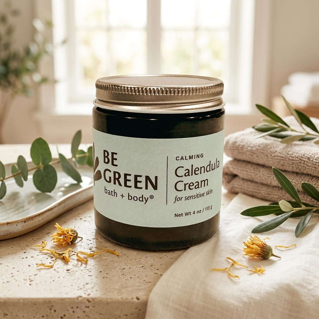 A jar of BE GREEN bath and body Calendula Cream sits on a textured stone surface next to folded linen towels, eucalyptus leaves, and dried calendula flowers, with a soft-focus window in the background.