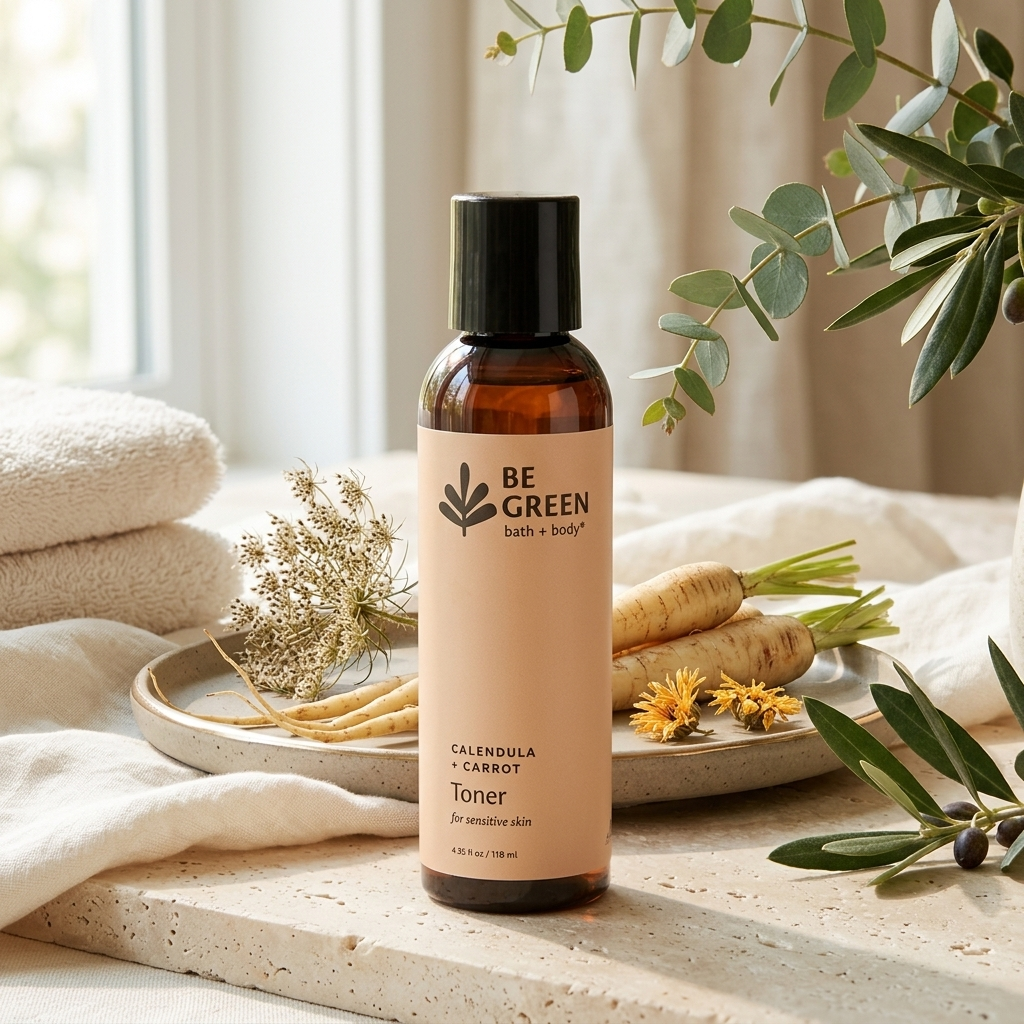 A bottle of BE GREEN Calendolia + Carrot Toner stands on a stone surface in a softly styled bathroom setting with folded towels, dried flowers, carrots, and greenery near a window.